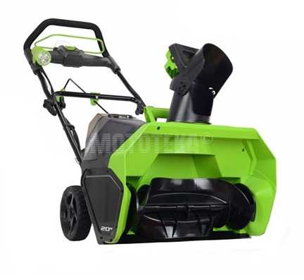 Снегоуборщик аккумуляторный Greenworks (Гринворкс) GD40SB (1 акк. 4Ач + ЗУ) Снегоуборщик GREENWORKS GD40SB аккумуляторный (1 акк. 4Ач + ЗУ) 25см, 40Вт, Черно/Зеленый, 51см